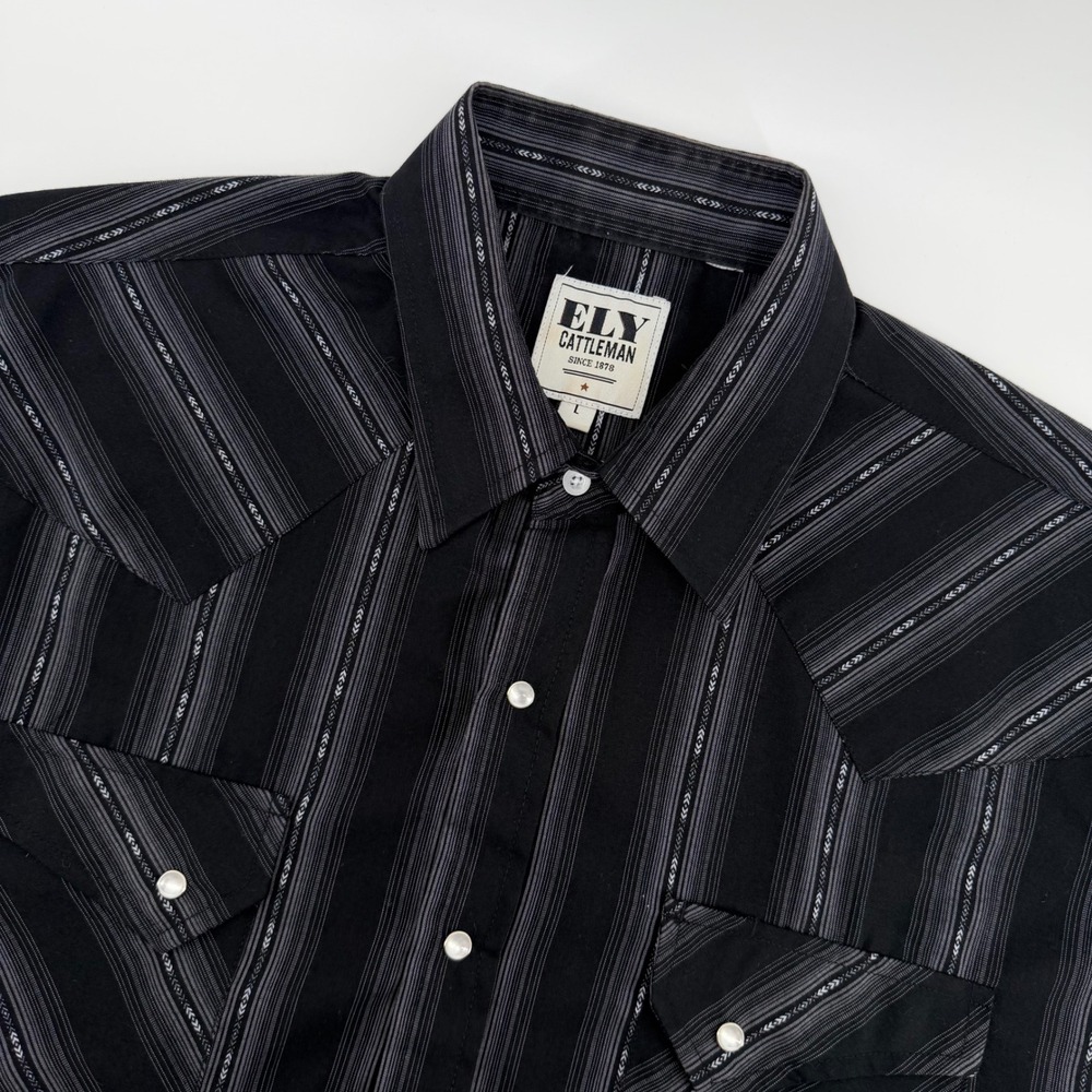 Ely Cattleman Western Shirt Mens Large Black Grey Striped Pearl Snap S/S